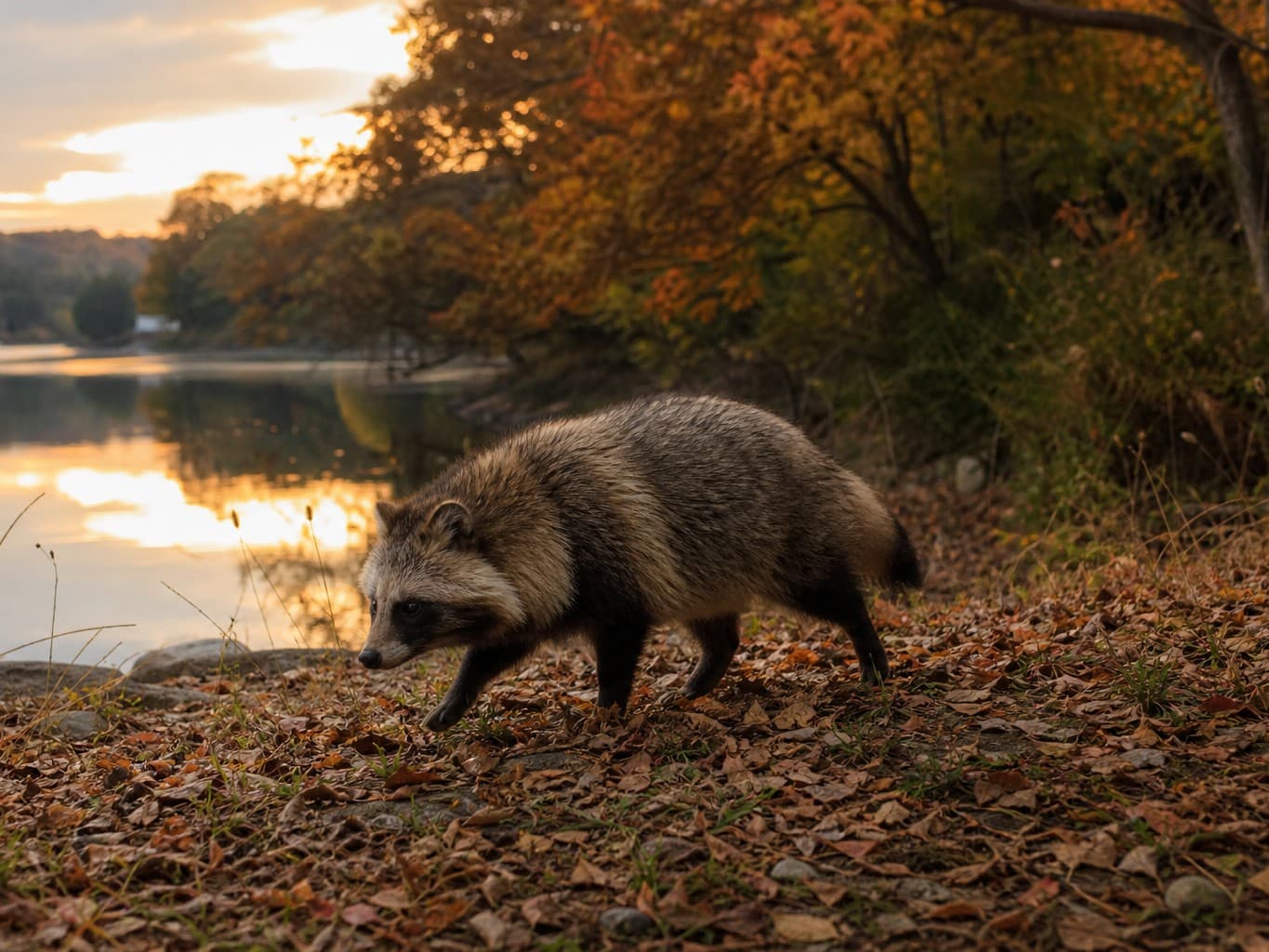 紅葉の湖畔を歩くタヌキ - Raccoon dog walking by an autumn lakeshore