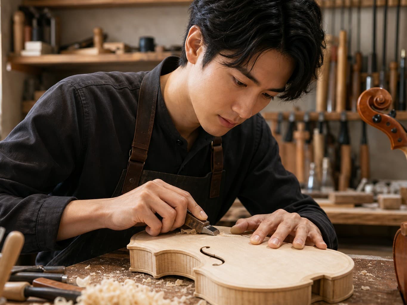 バイオリンを削り出すバイオリン製作者 - Luthier carving a violin top plate