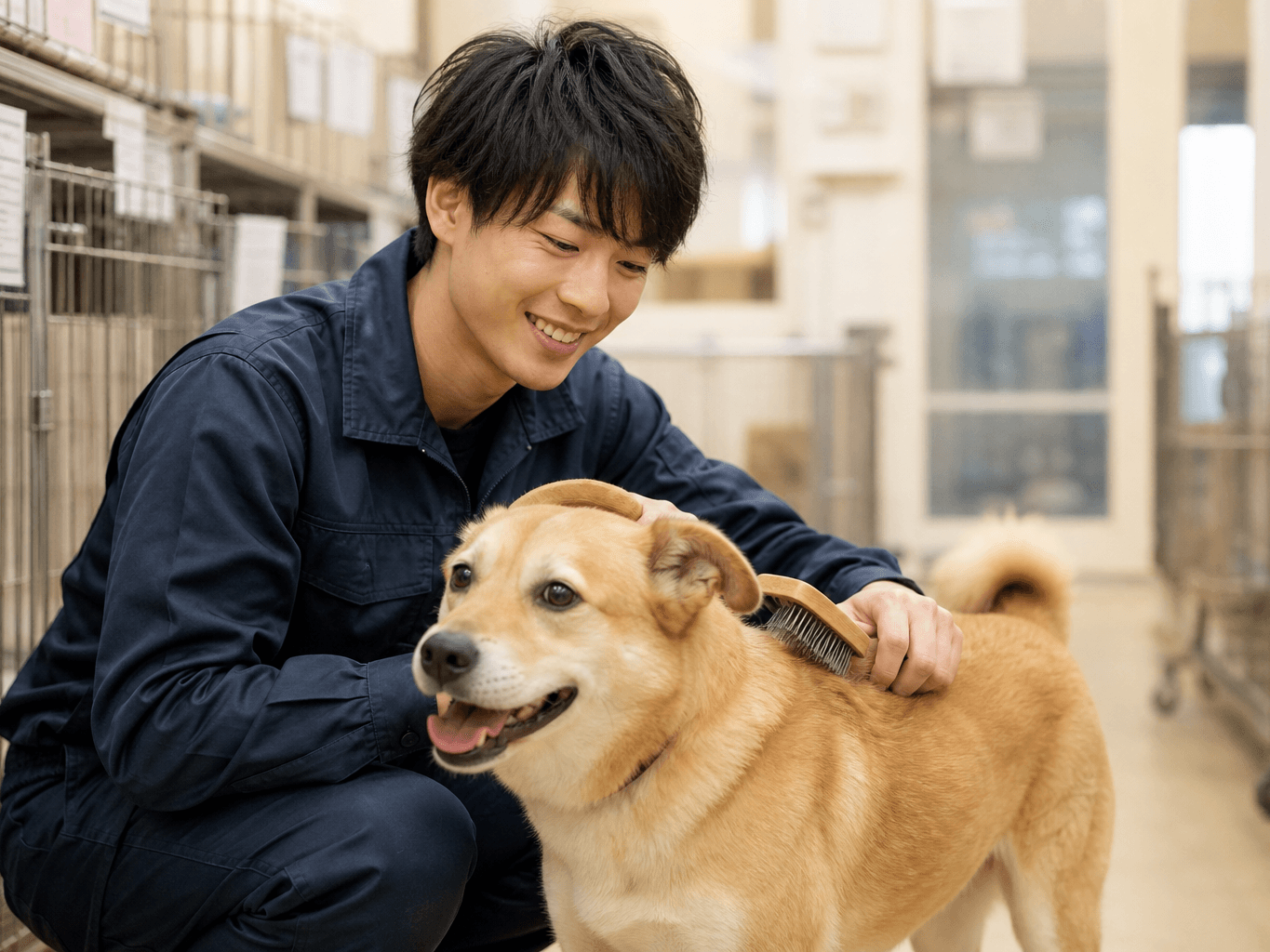 犬の世話をする保護施設スタッフ - Shelter Staff Grooming a Dog