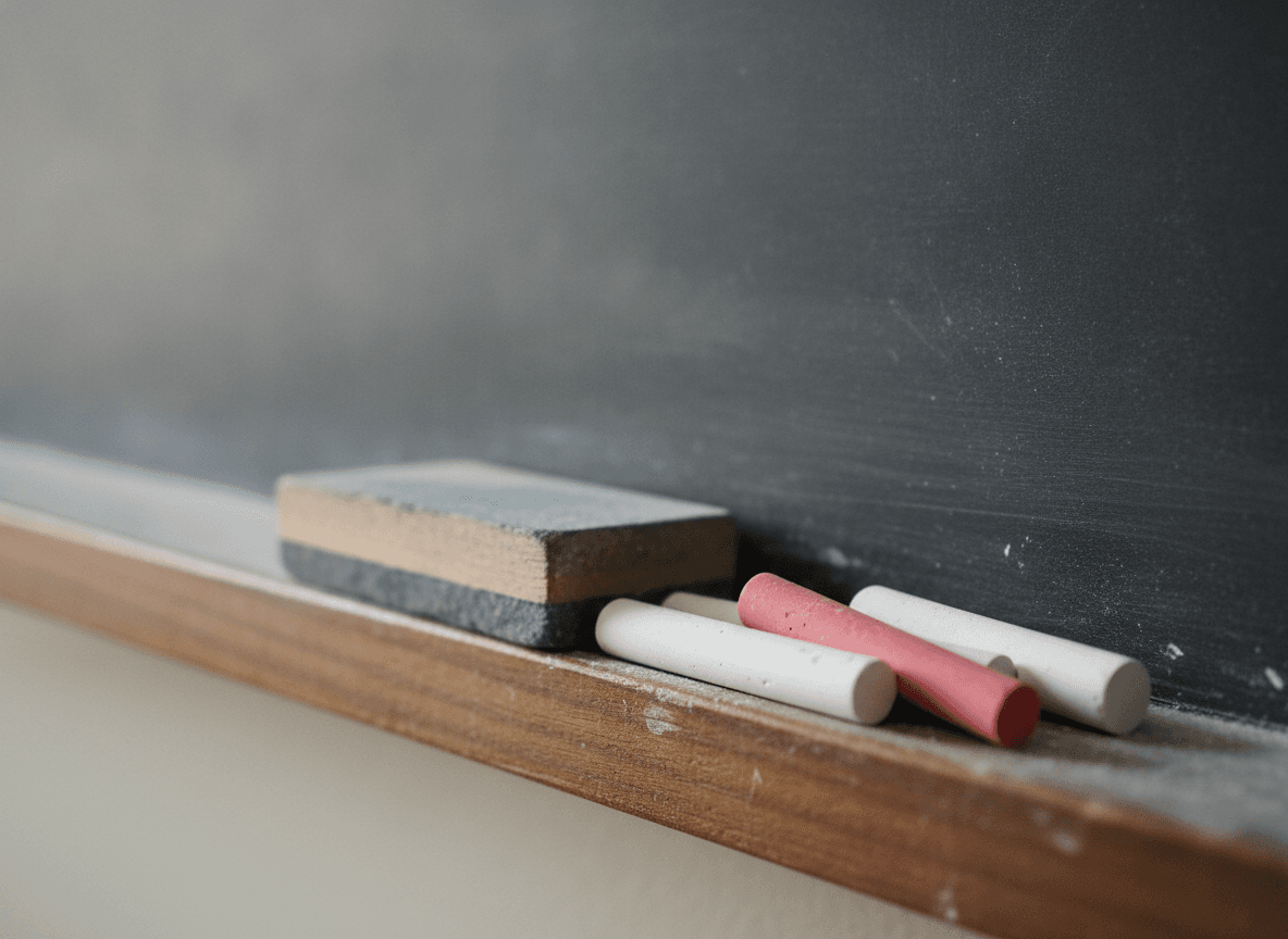 黒板下の粉受けに並ぶチョークと黒板消し - Chalk and Eraser on a Classroom Blackboard Tray