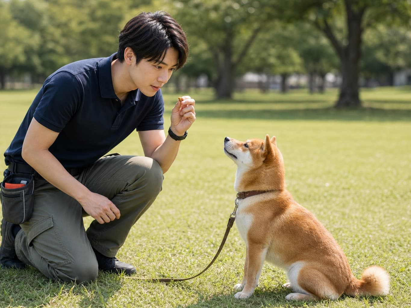 犬にお座りを教える訓練士 - Dog trainer teaching a Shiba Inu to sit