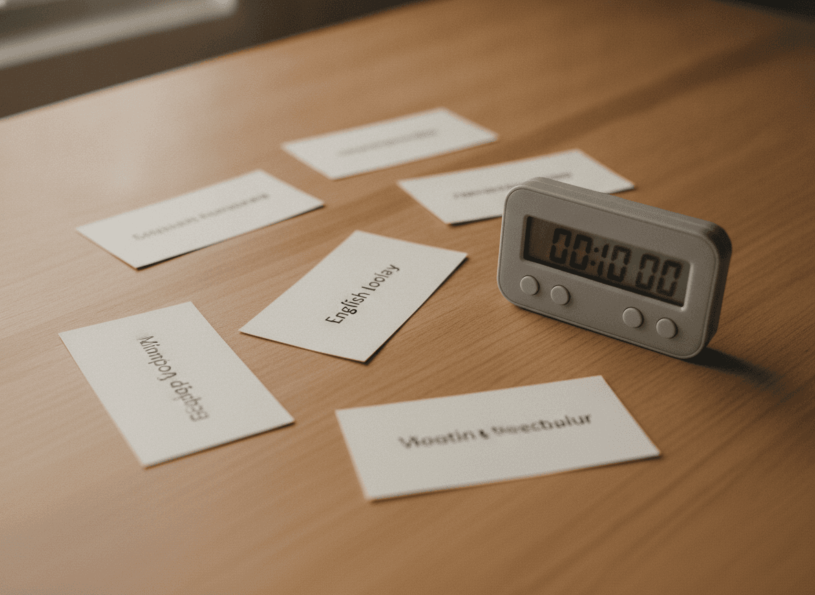 木製デスクに並ぶ単語カードとタイマー - Vocabulary Flashcards and Timer on a Wooden Desk