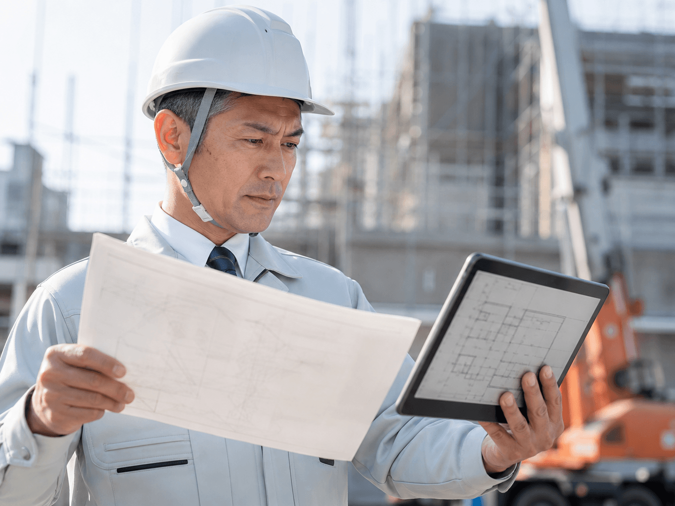 図面を確認する施工管理者 - Construction Manager Checking Blueprints and a Tablet