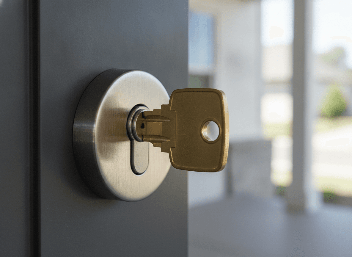 玄関ドアの鍵穴に差し込まれた真鍮の鍵 - Brass Key Inserted into Modern Front Door Lock