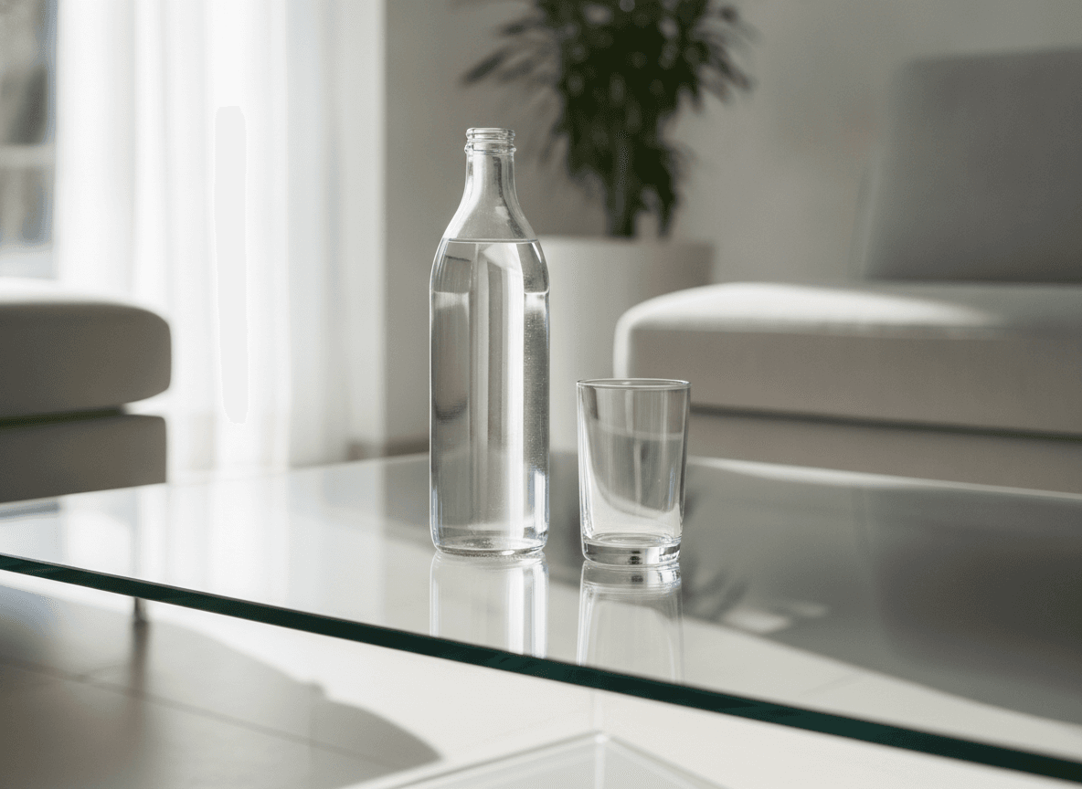 応接室のガラステーブル上の水とグラス - Mineral Water and Glass on a Reception Room Glass Table