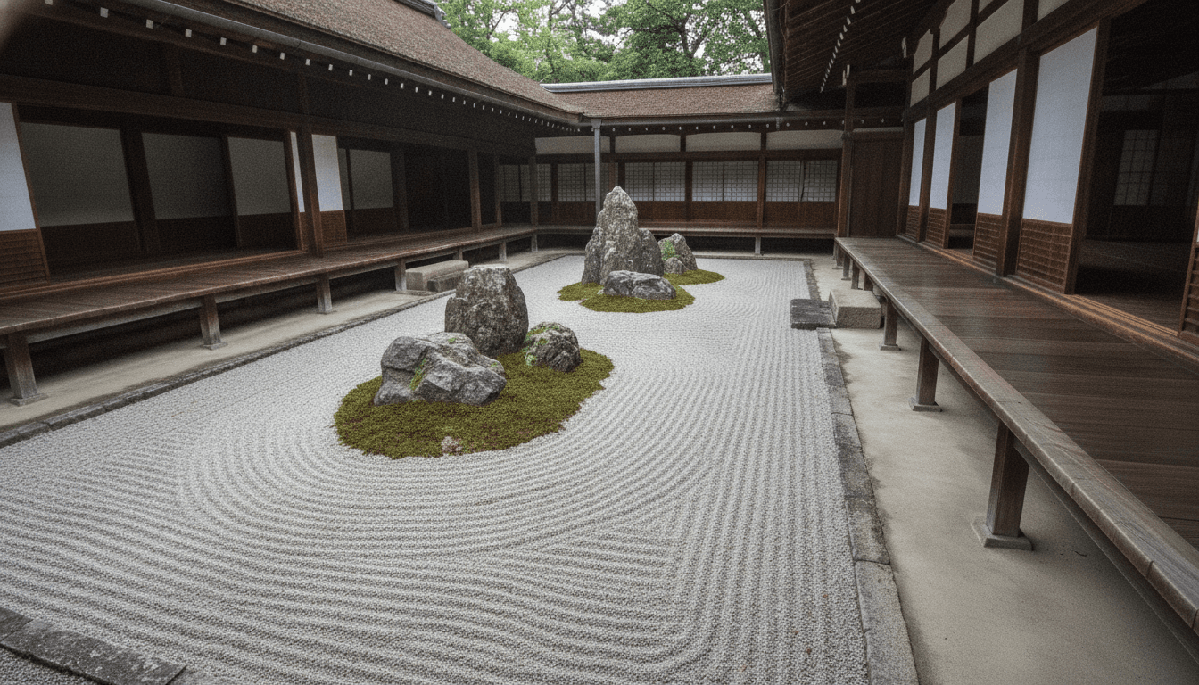 静けさに包まれた寺院の枯山水庭園