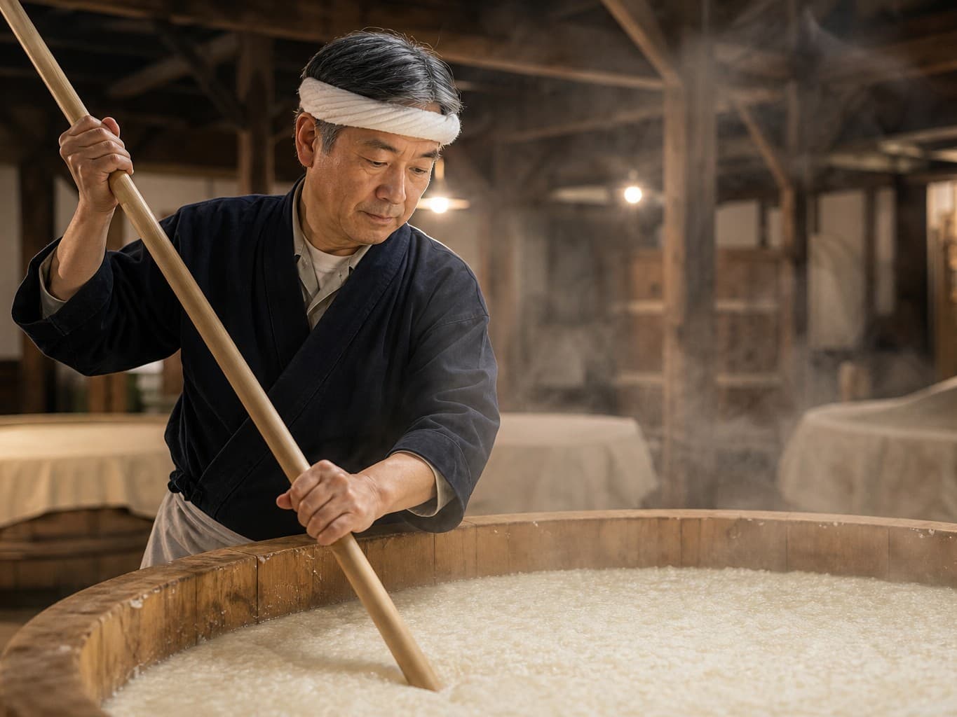 もろみを混ぜる杜氏 - Sake brewer stirring moromi mash in a brewery