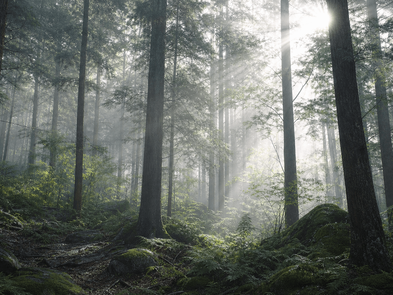 朝霧の針葉樹の森に差す木漏れ日 - Sunbeams through morning mist in a conifer forest