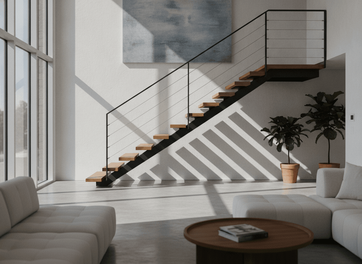 光が差し込むリビングのモダンなアイアン階段 - Modern Iron Staircase in a Sunlit Living Room