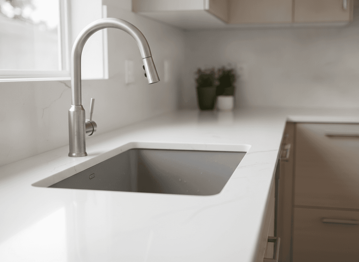 清潔なシステムキッチンとグースネック水栓 - Clean Kitchen Sink with Gooseneck Faucet