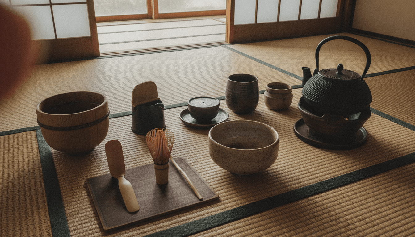 茶室の畳の上に静かに並ぶ伝統的な茶道具