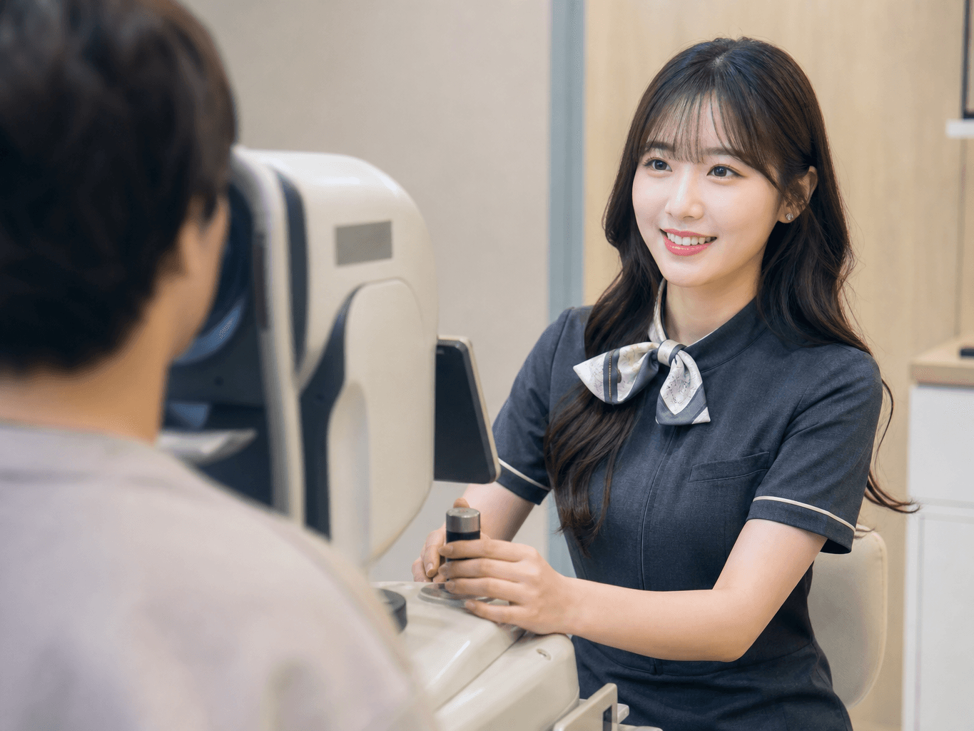 視力測定をする眼鏡店スタッフ - Optical Shop Staff Conducting an Eye Exam