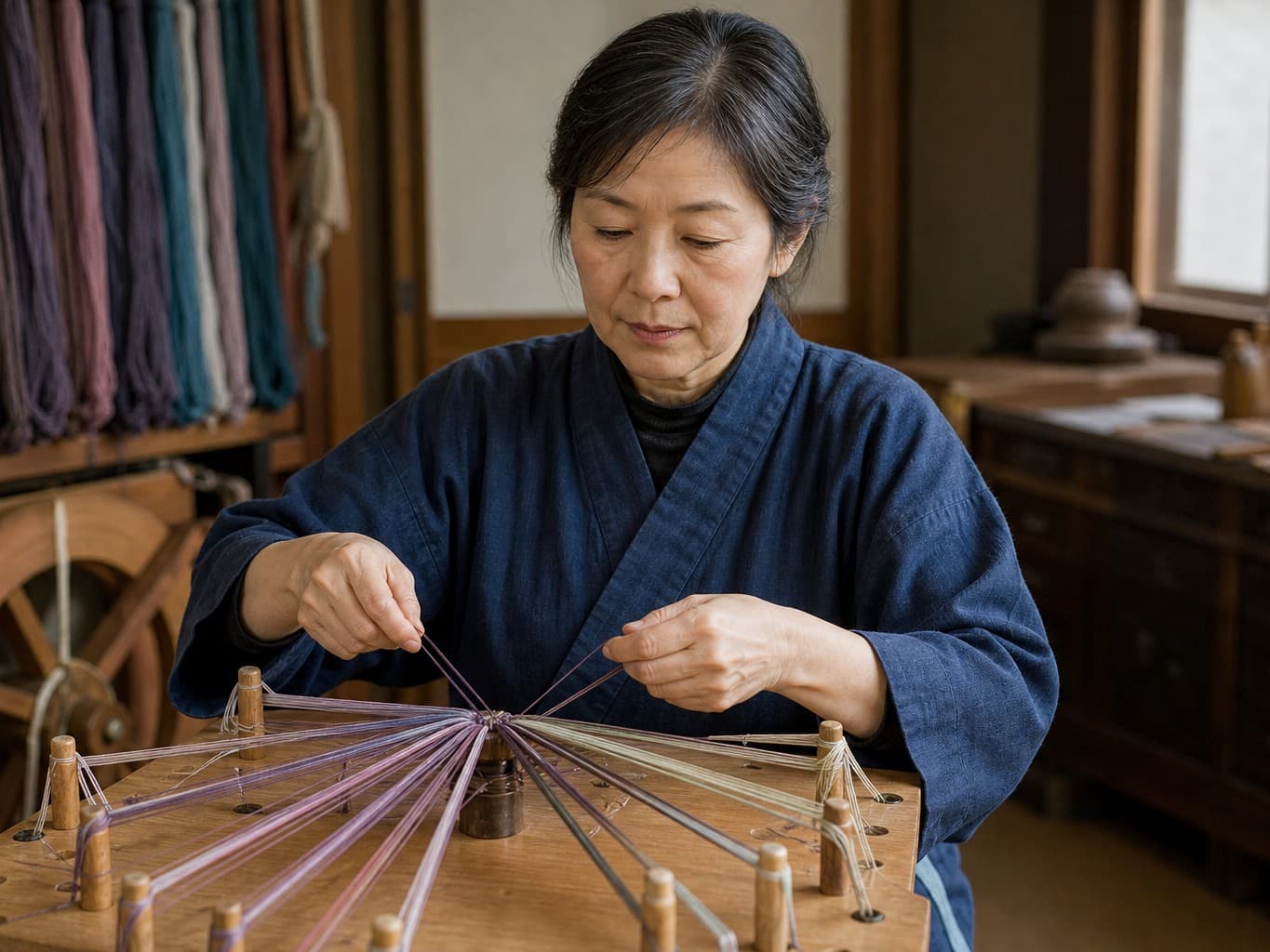 色糸を組み上げる組紐職人 - Braid craftswoman weaving colored threads on a braiding stand