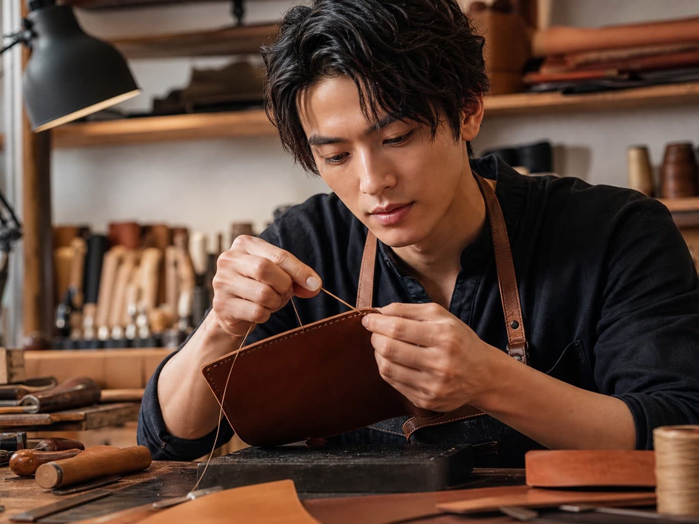 革を縫い合わせる革職人 - Leather craftsman hand-stitching leather