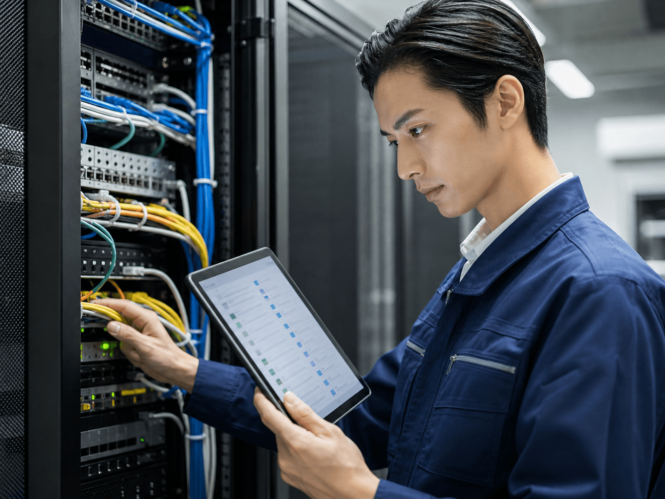 データセンターで配線確認をする技術者 - Technician Checking Server Rack Wiring in a Data Center