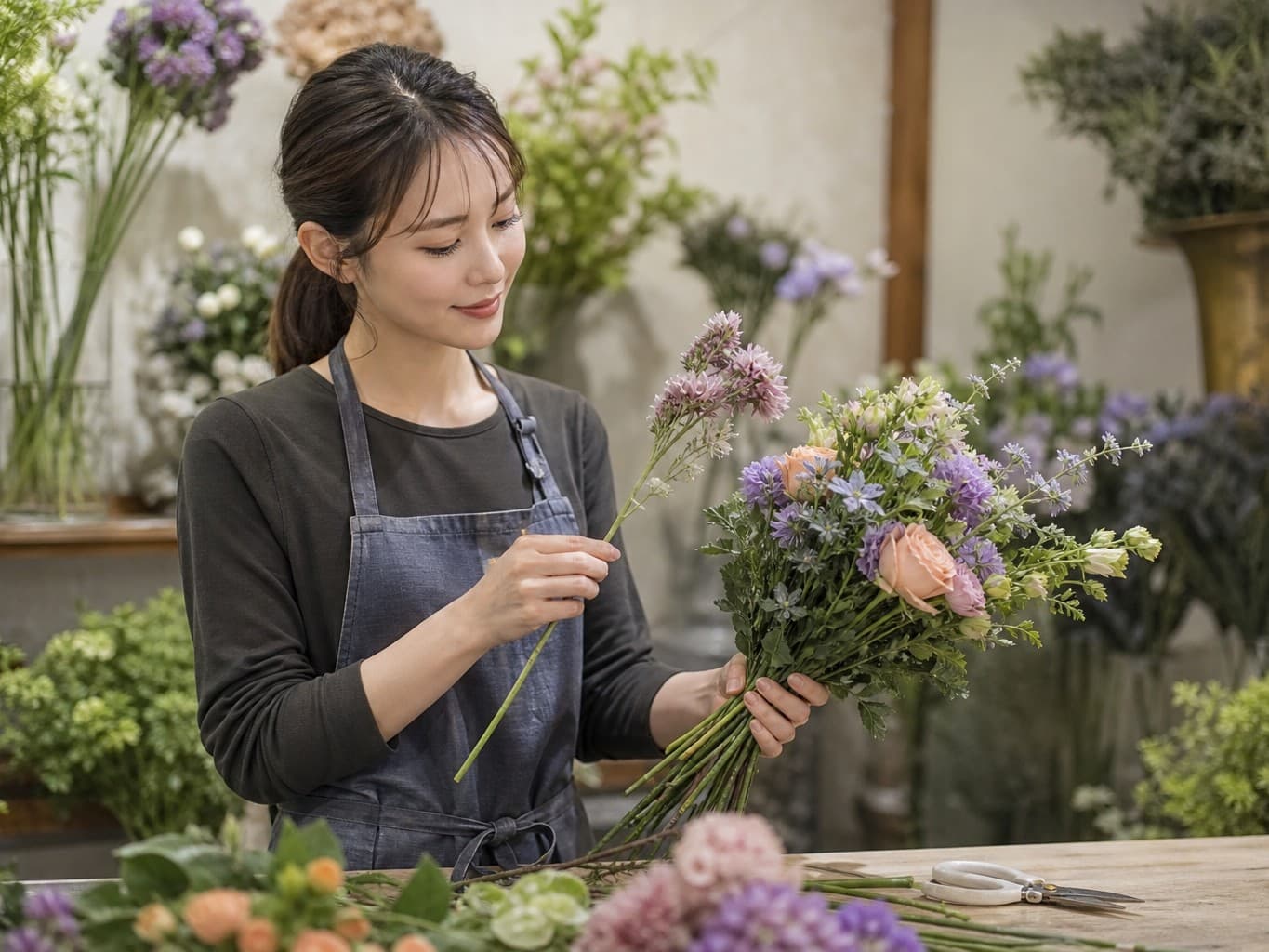 ブーケを束ねるフローリスト - Florist arranging a bouquet at a flower shop