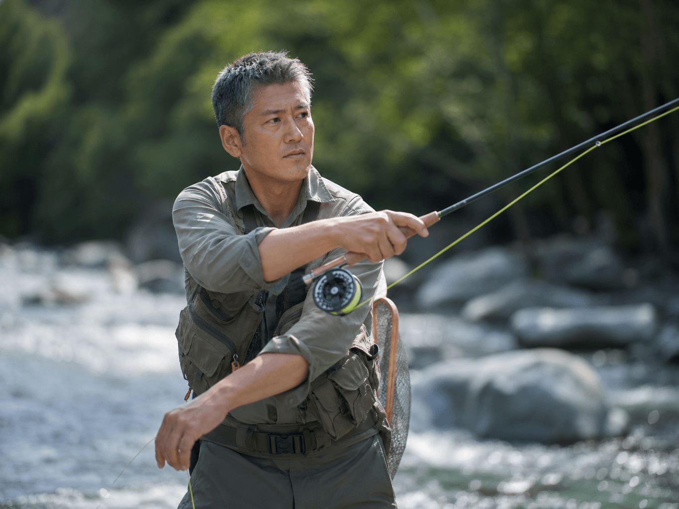 渓流でフライフィッシングをする男性 - Man Fly Fishing in a Mountain Stream