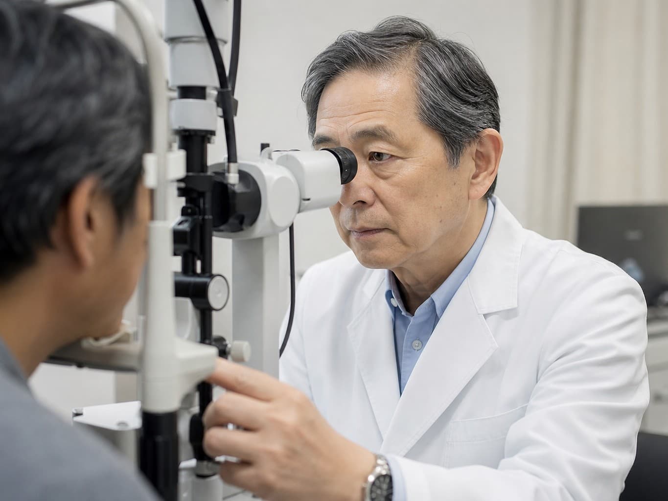 患者の目を診察する眼科医 - Ophthalmologist examining a patient's eyes