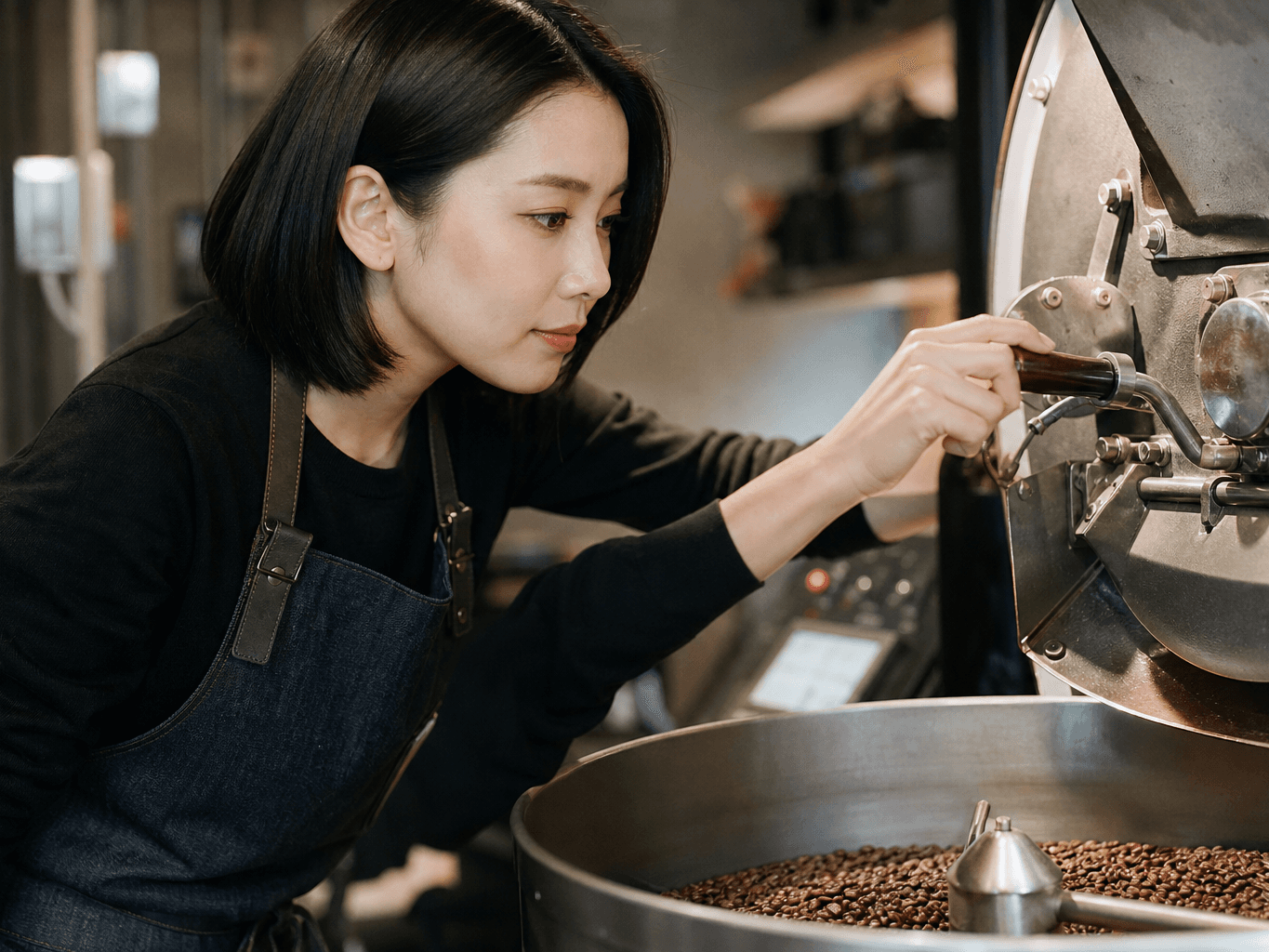 焙煎機を操作するコーヒー焙煎士 - Coffee Roaster Operating a Roasting Machine