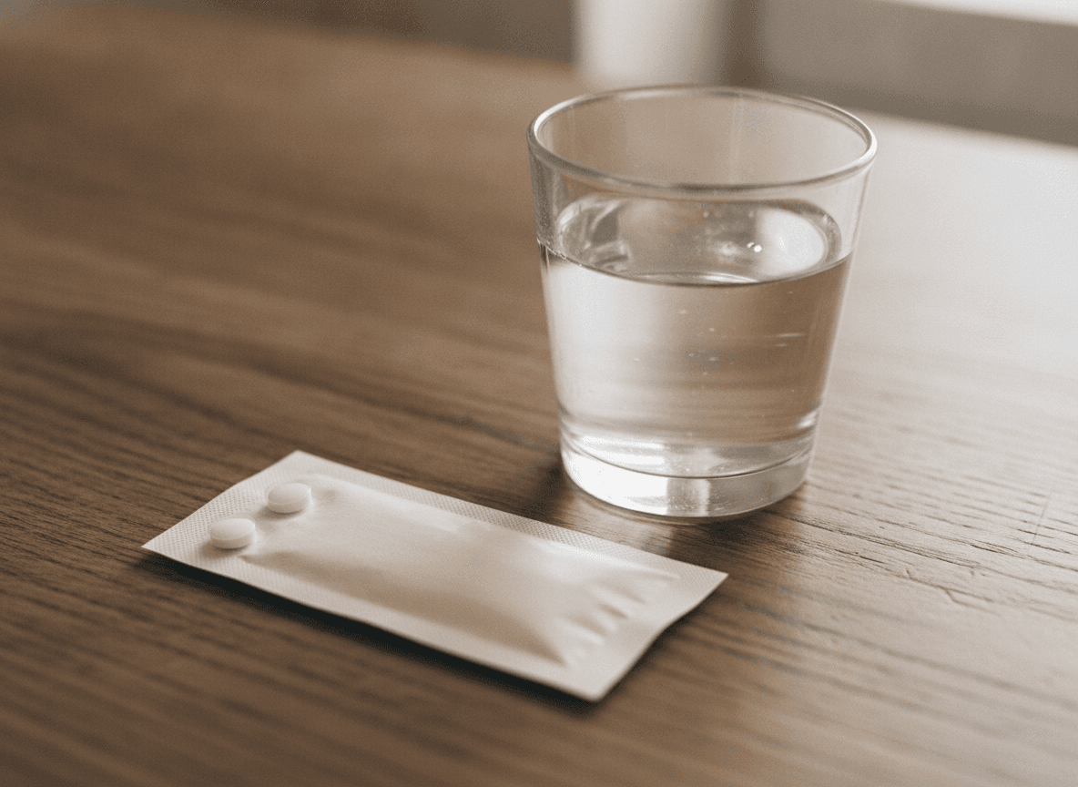 木製デスクの上の薬包紙と水のグラス - Paper-wrapped tablet and glass of water on a wooden desk