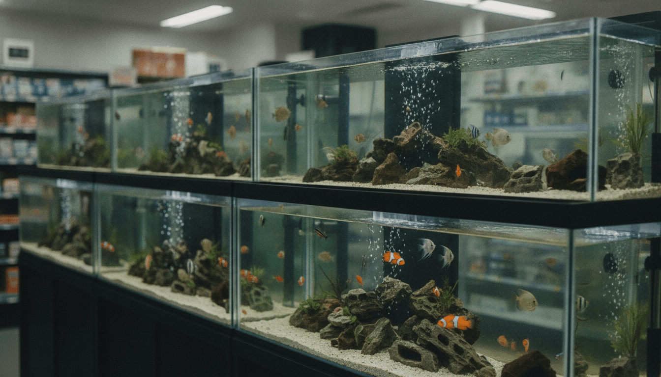 ペットショップ店内に並ぶ観賞魚の水槽