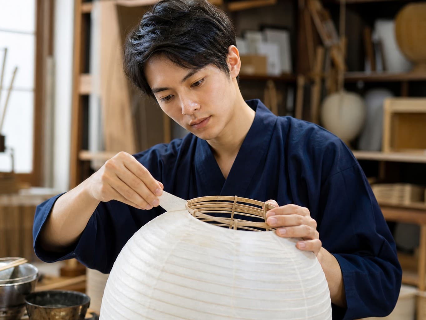 和紙を貼って提灯を作る職人 - Lantern maker pasting washi paper on a bamboo frame