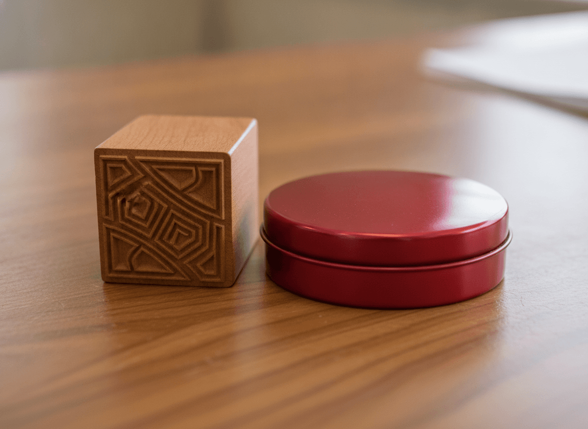 木目調デスクに置かれた木製角印と朱肉 - Wooden Square Seal and Red Ink Pad on Office Desk