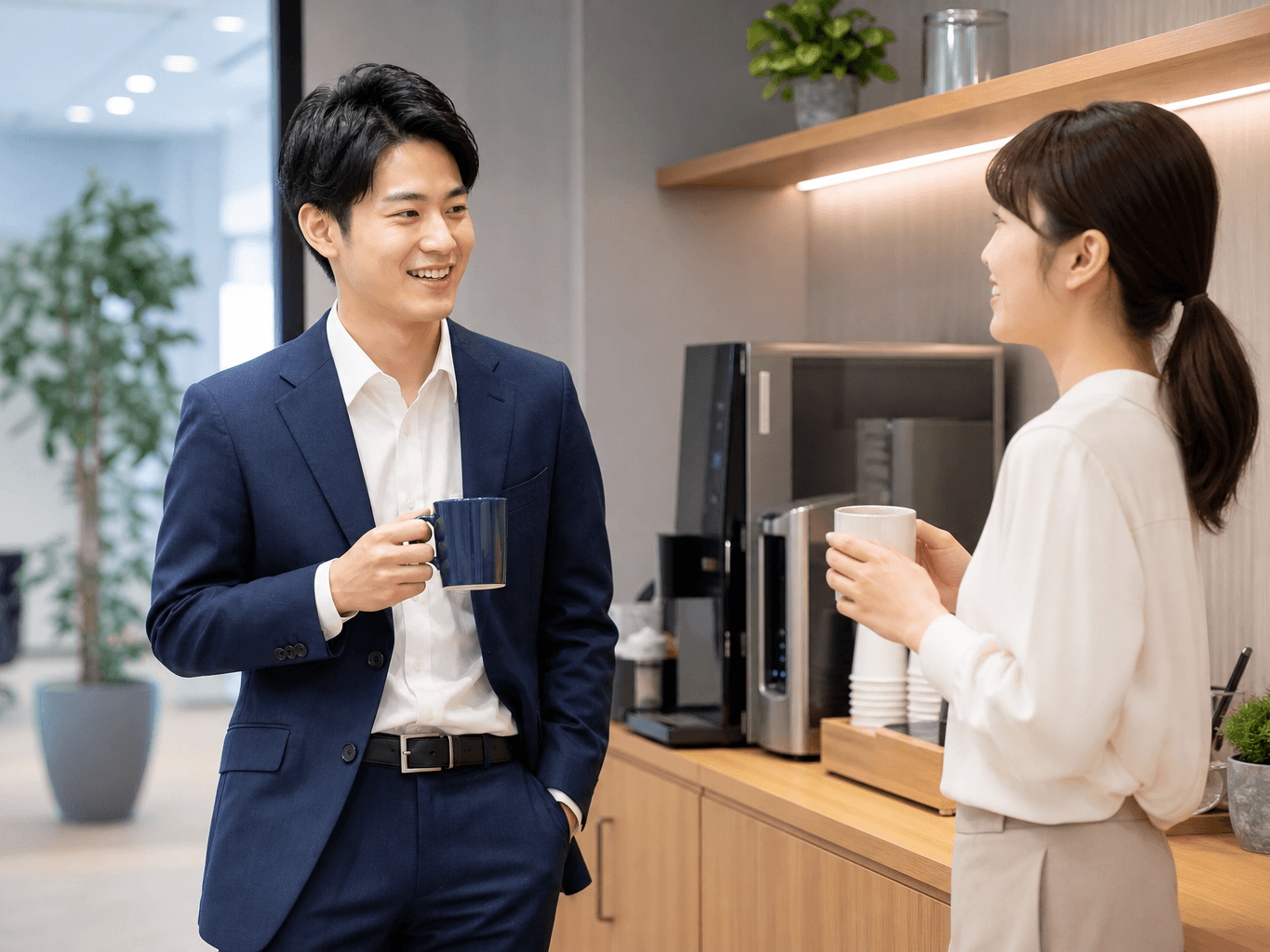 オフィスの給湯スペースでコーヒーカップを手にリラックスして談笑する男女の様子