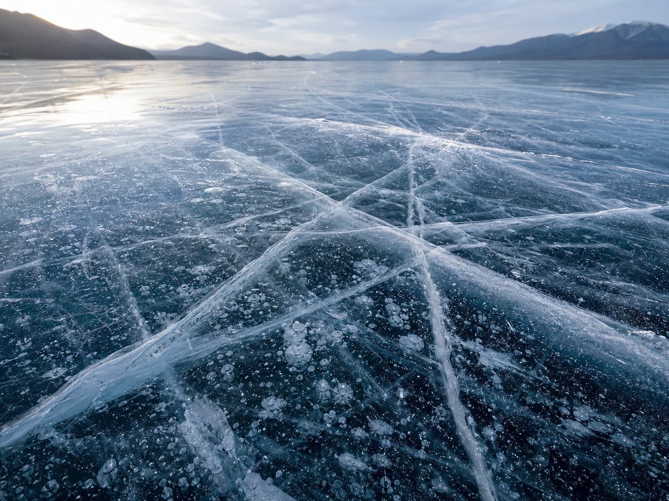 氷結した湖面に走る亀裂と気泡 - Cracks and bubbles in the ice of a frozen lake