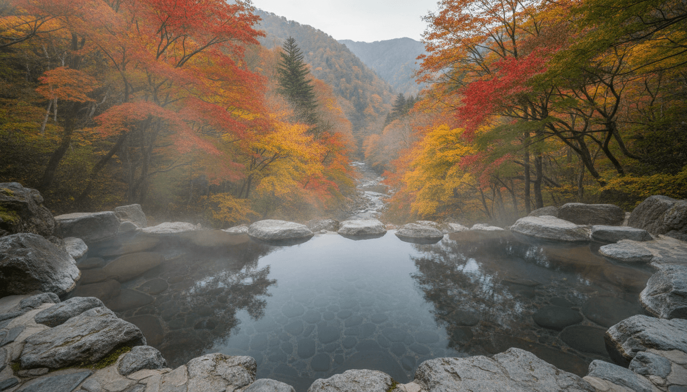 紅葉に囲まれた露天風呂の風景