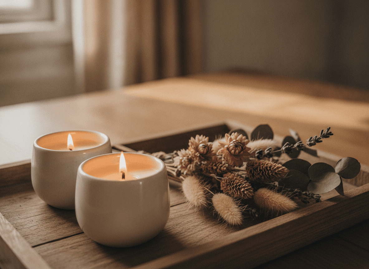 火の灯るアロマキャンドルとドライフラワー - Lit Scented Candle and Dried Flowers on a Wooden Tray