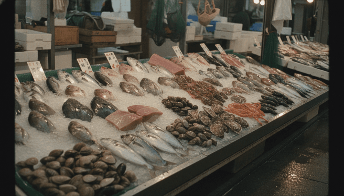 朝市の露店に並ぶ新鮮な魚介類