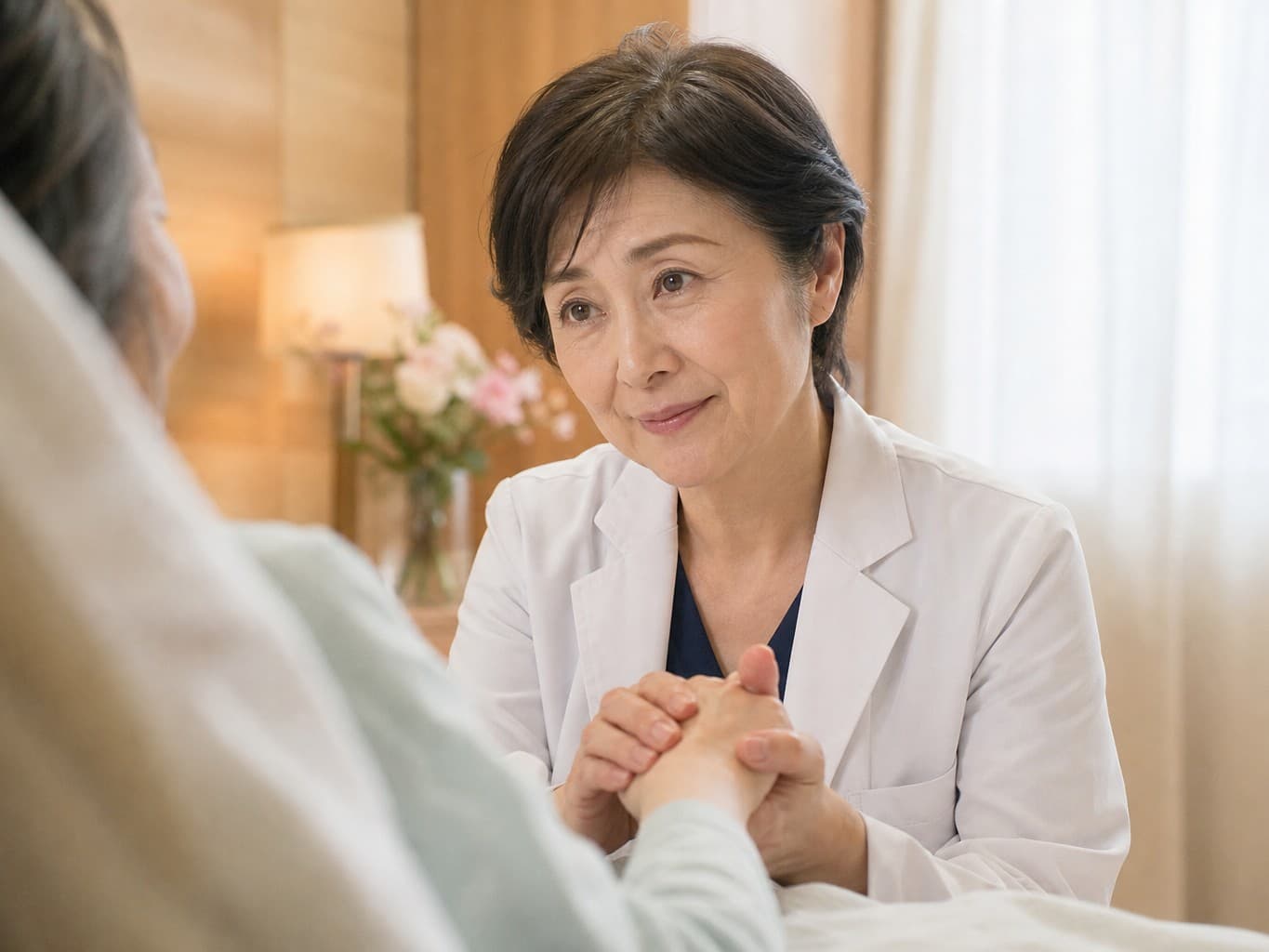 患者の手を取って励ます緩和ケア医 - Palliative care doctor holding a patient's hand