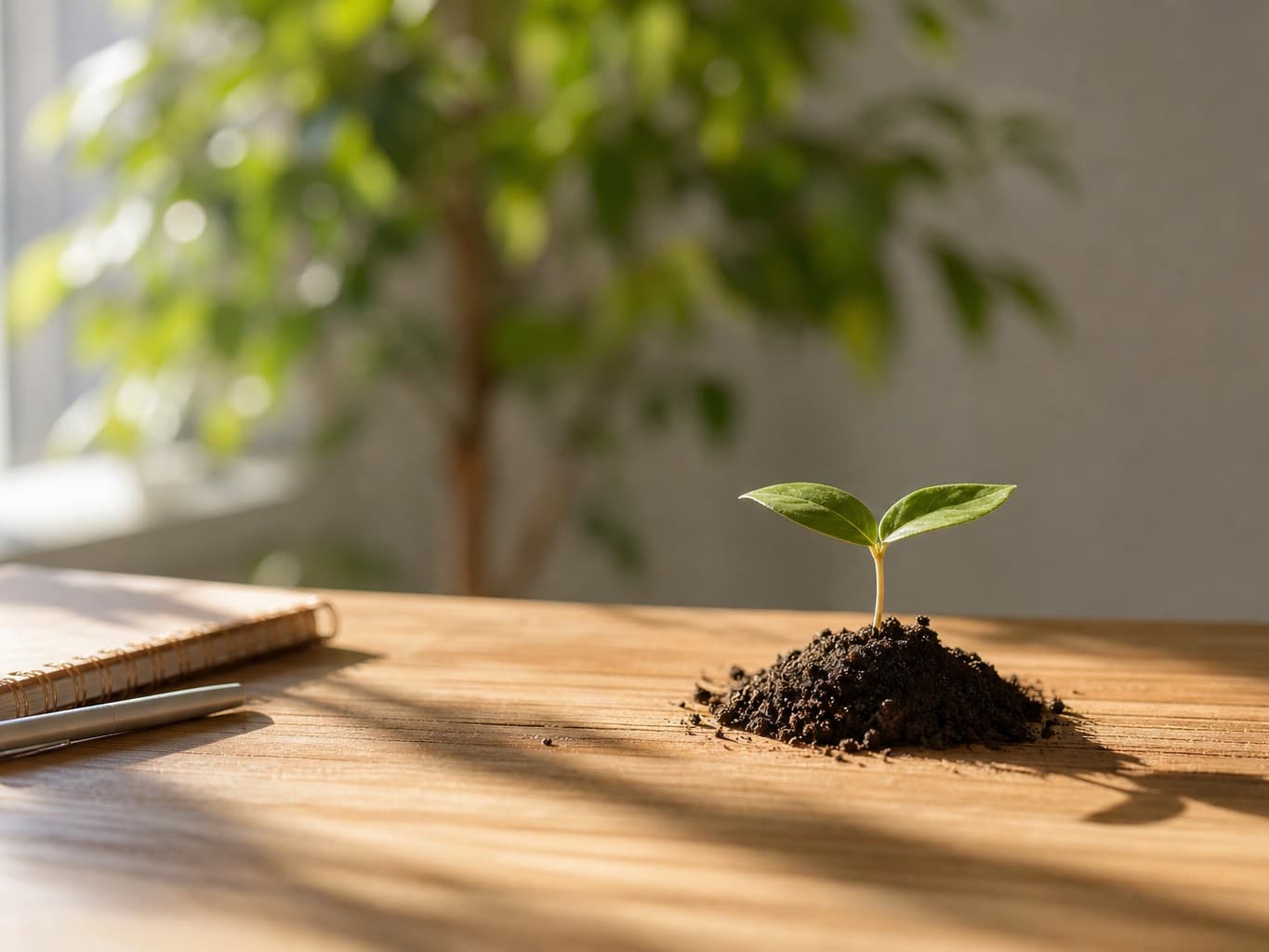 朝の光を浴びる机の上の小さな若芽 - Small sprout growing on a desk in morning light
