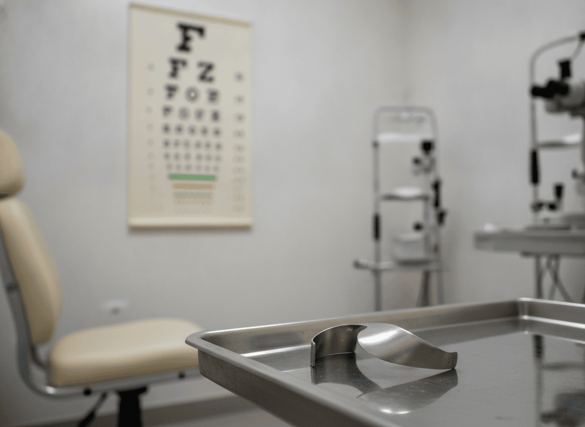 診察室の視力検査表とステンレス製遮眼子 - Eye Chart on Clinic Wall with Stainless Steel Occluder
