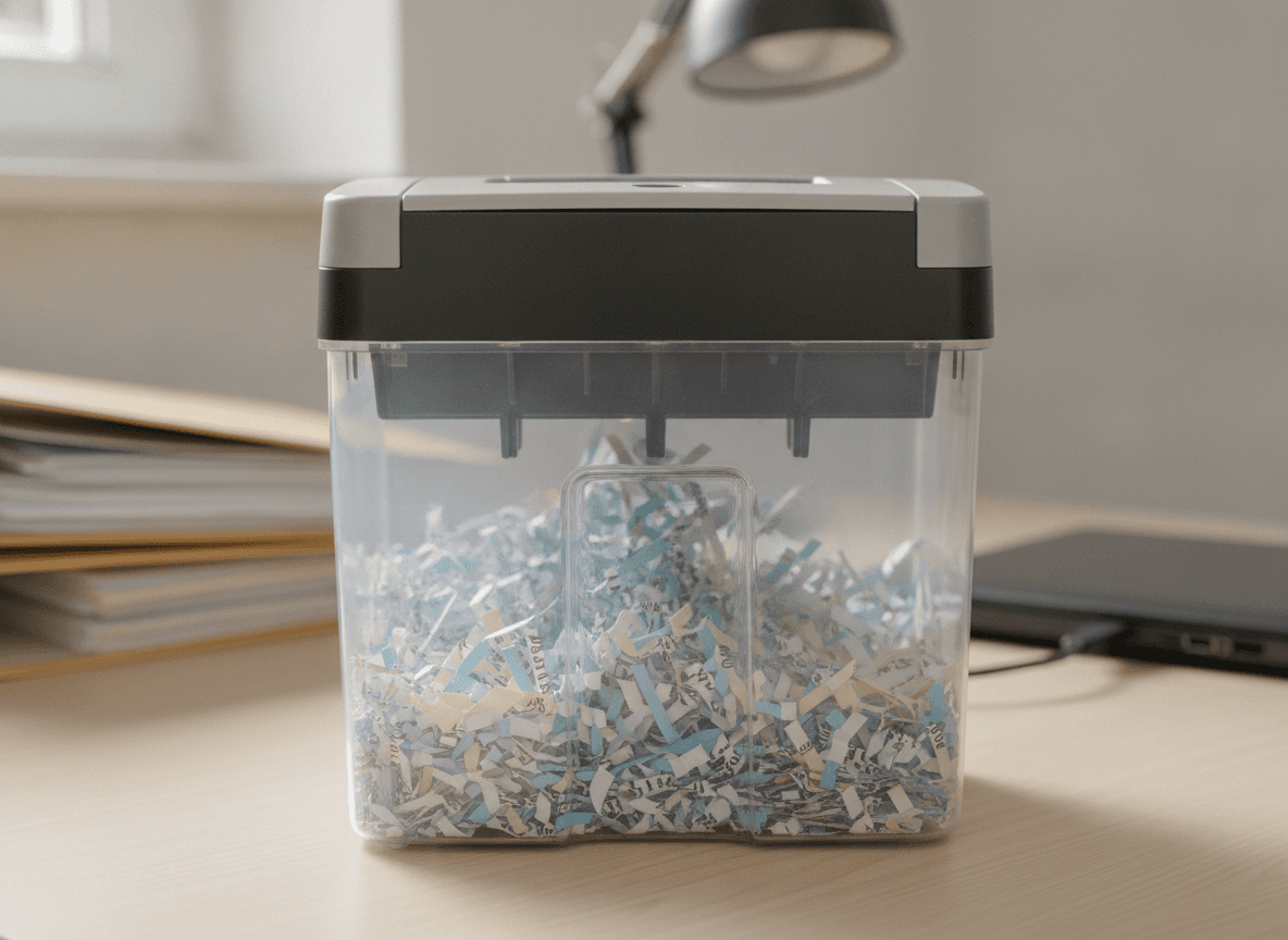 経理デスク上の卓上シュレッダーと細断紙 - Compact desktop shredder with paper scraps on an office desk