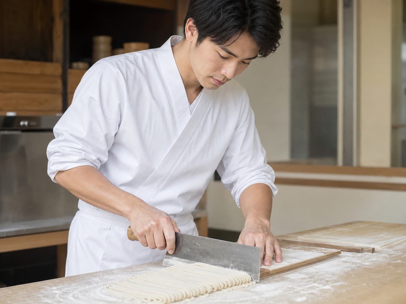 うどん生地を切り分ける製麺職人 - Udon noodle maker cutting rolled dough