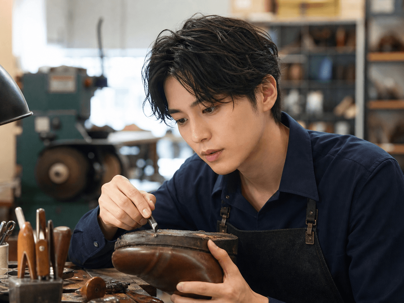 工房で靴底を補修する職人 - Craftsman repairing a shoe sole in a workshop