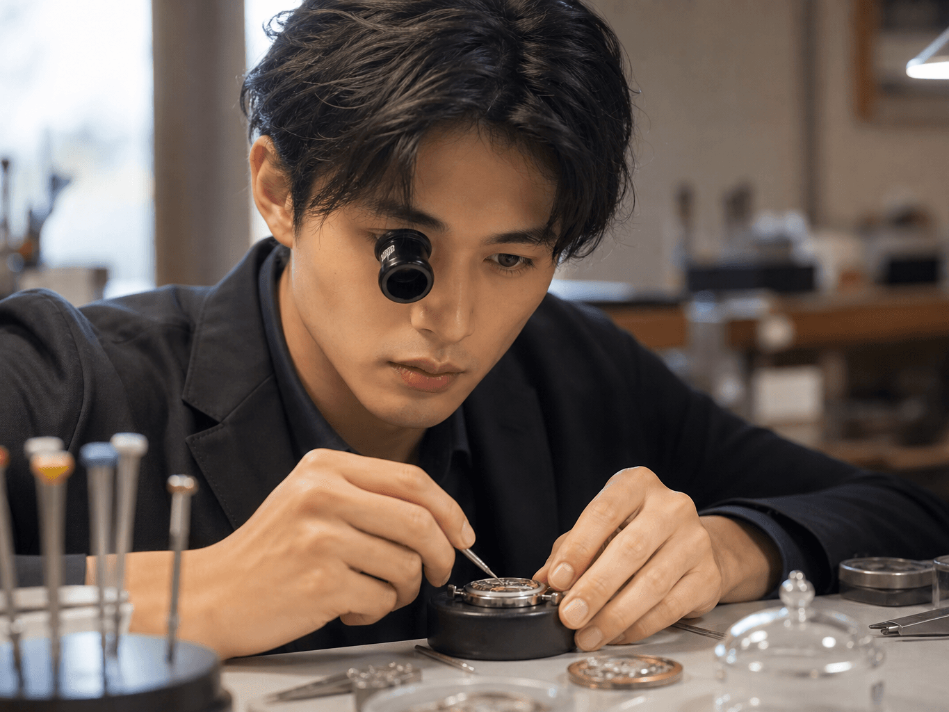 工房で腕時計を修理する時計職人 - Watchmaker repairing a wristwatch in a workshop