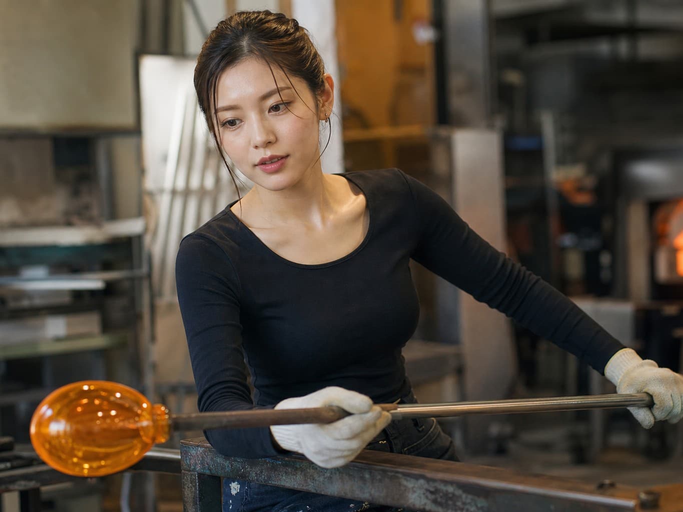 吹きガラスを成形するガラス職人 - Glassblower shaping molten glass on a blowpipe
