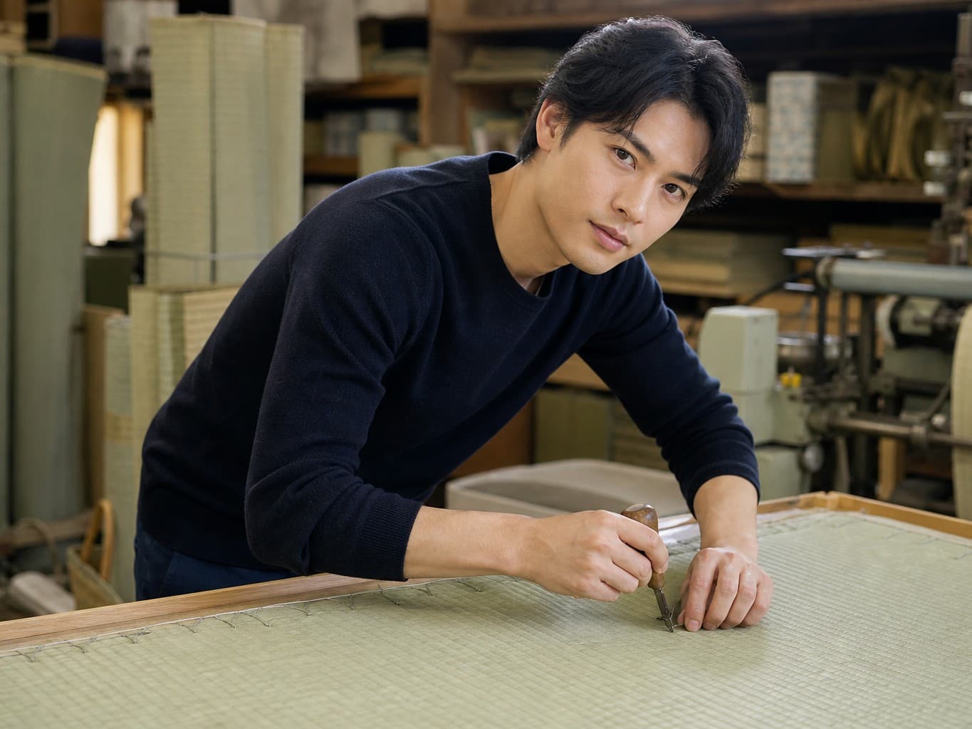 畳表を張り替える畳職人 - Tatami craftsman replacing a woven rush mat