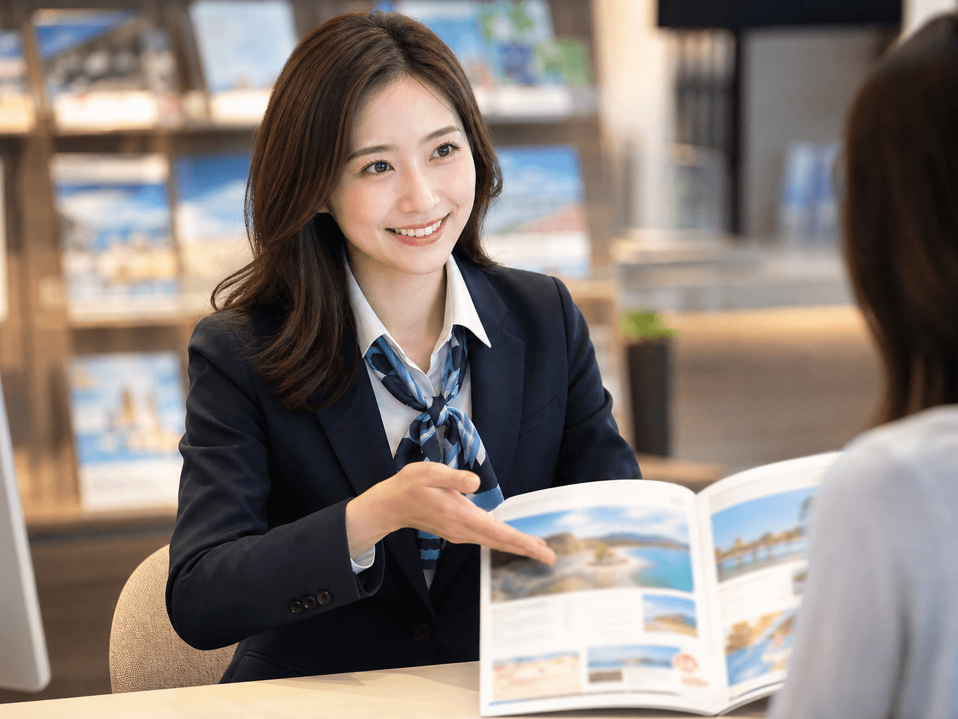 旅行窓口でプランを提案する女性スタッフ - Female Travel Agent Assisting at Counter