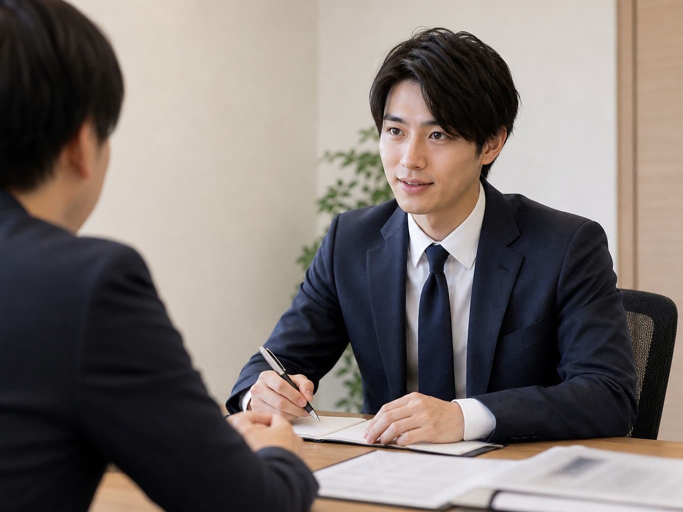 労務相談に応じる社会保険労務士 - Labor consultant listening to a client in a consultation room