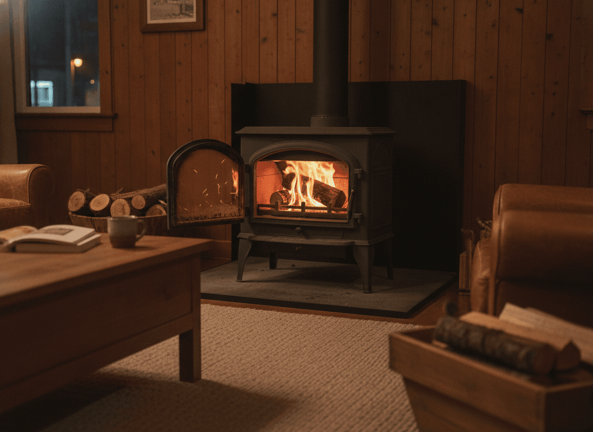 薪ストーブの暖かな炎が灯るリビング風景 - Cozy Living Room with a Wood Stove Flame
