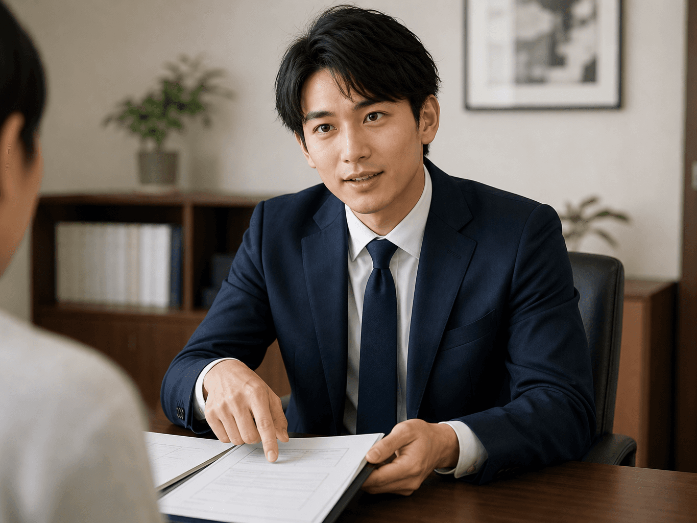 登記書類について説明する司法書士 - Judicial scrivener explaining property registration documents