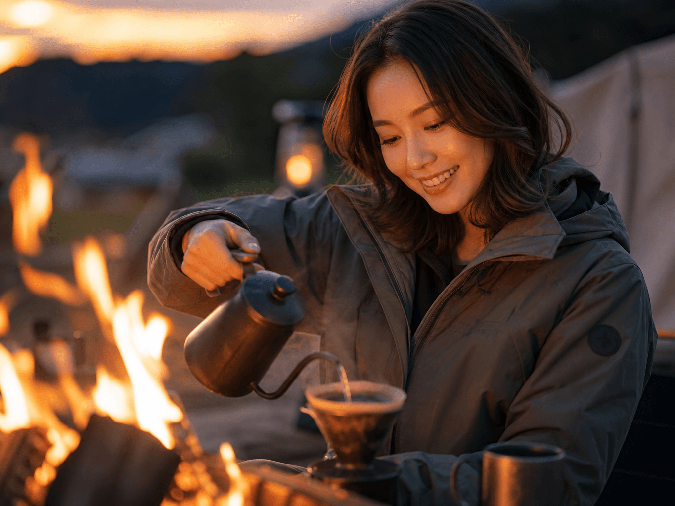 焚き火でコーヒーを淹れるキャンパー - Camper Brewing Coffee by the Campfire