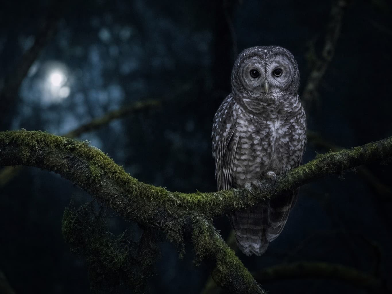 夜の森の枝にとまるフクロウ - Owl perched on a branch in a night forest