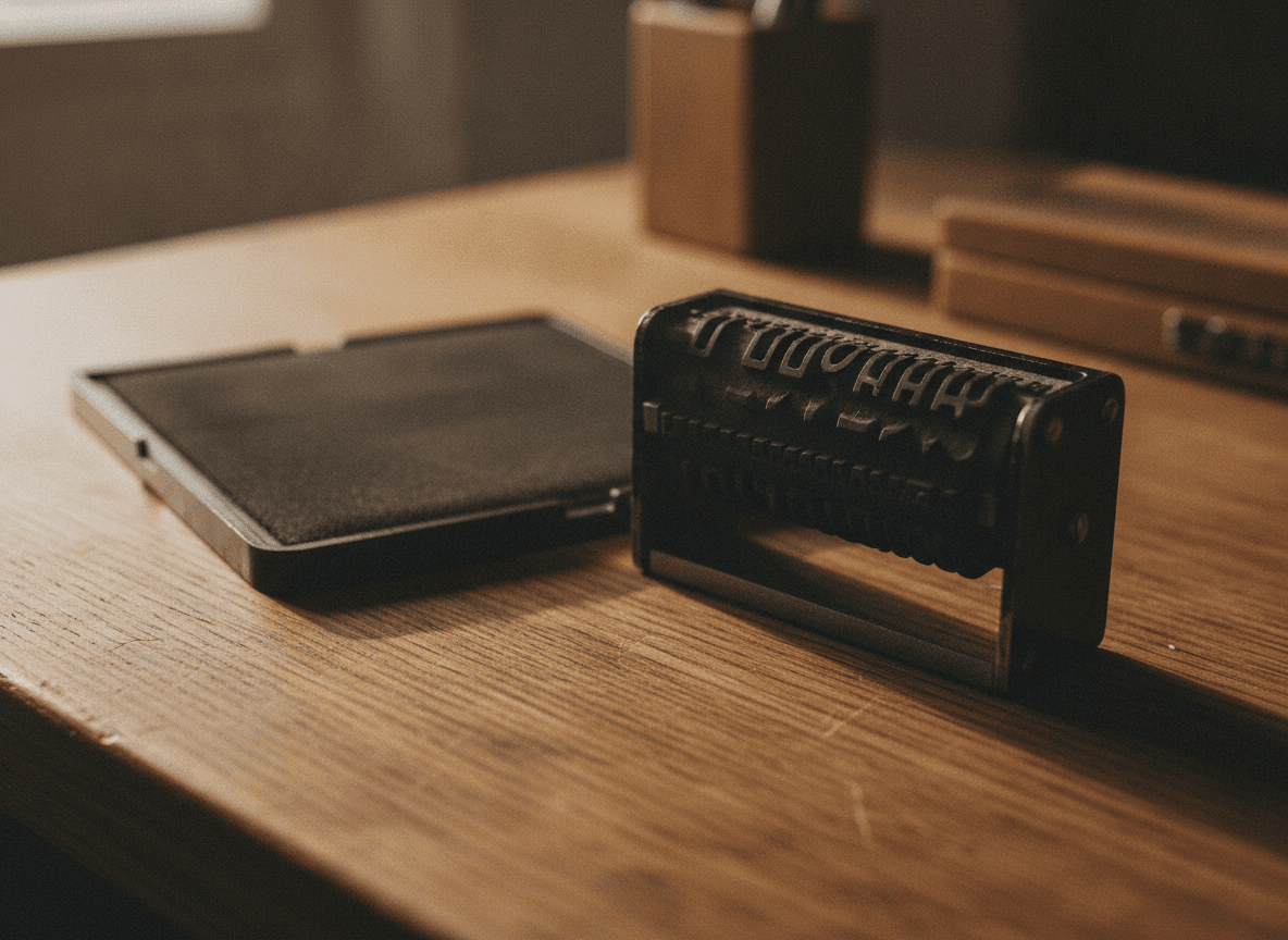 木製デスク上の日付スタンプとインクパッド - Date Stamp and Ink Pad on Wooden Desk