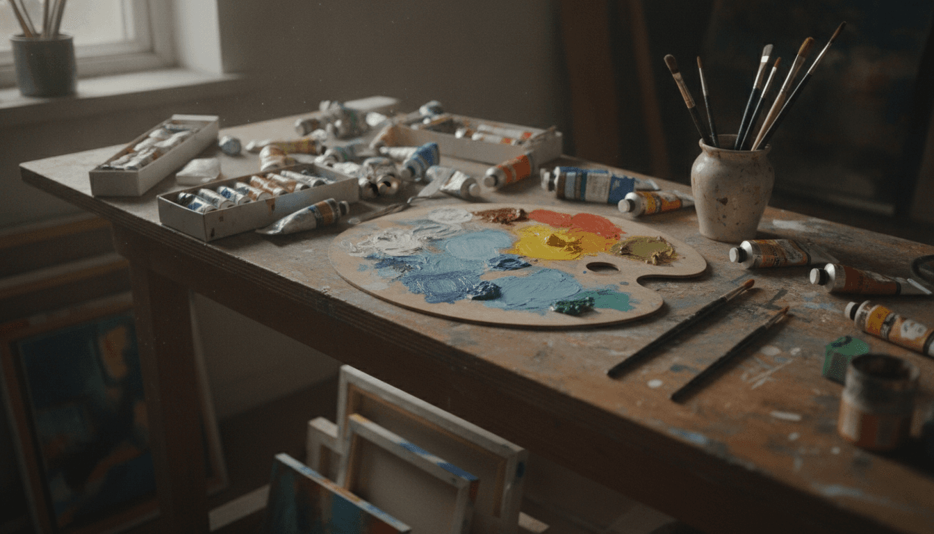 アトリエの机に置かれた絵の具とパレット