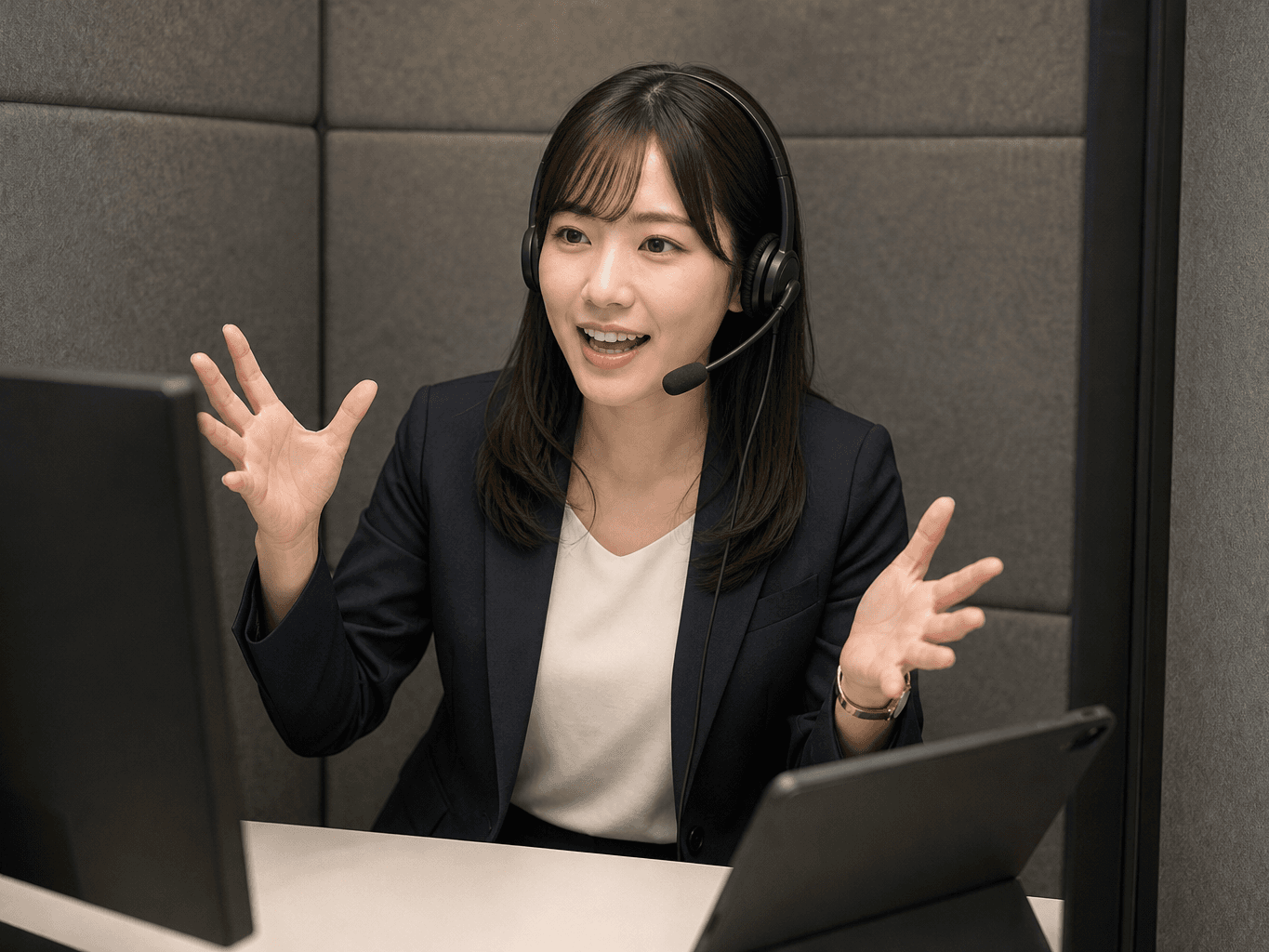 防音ブース内でヘッドセットを装着し身振り手振りを交えて熱弁する女性社員の様子